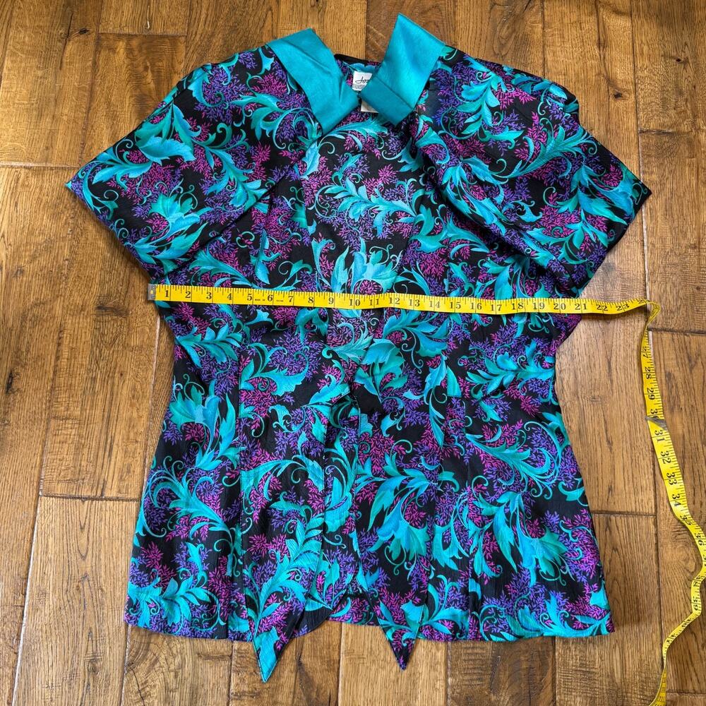 VTG Joan Walters Teal Pink Colorful Leaf Floral Print Button Up Blouse Sz 16 - Picture 4 of 5